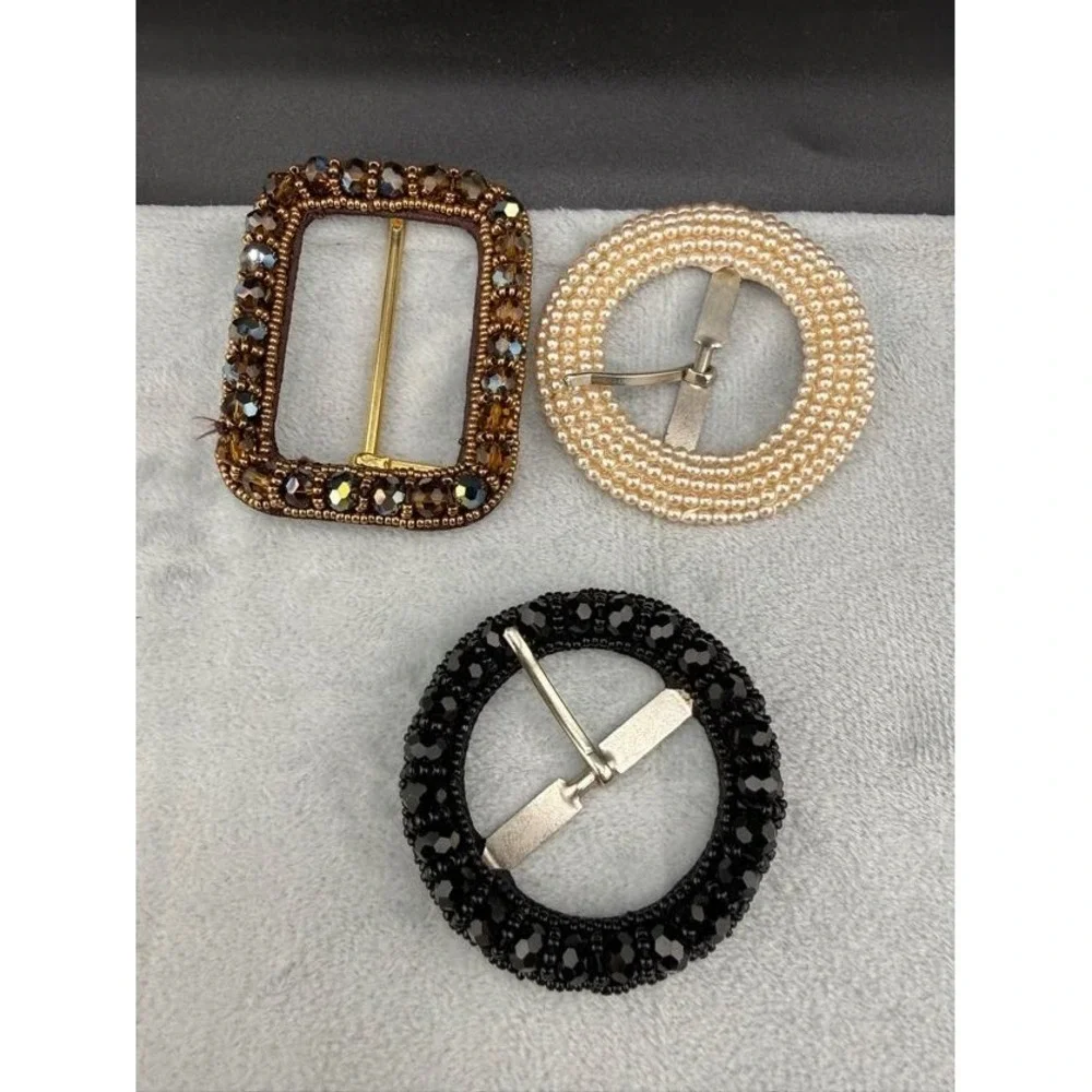 Vintage Womens Buckles Lot Of 3 Brown Black Rhinestone Faux Pearl